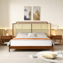 Rattan bed combination home wooden bed 1 8 simple Japanese retro solid wood rattan bed B&B bedroom double bed 1
