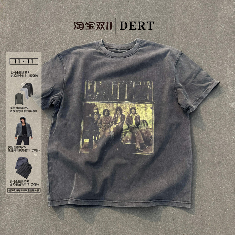 「Nico's Style」Dert Original Zeppelin/Small Neckline Vintage Washed Distressed Short-Sleeve Boxy Short Top
