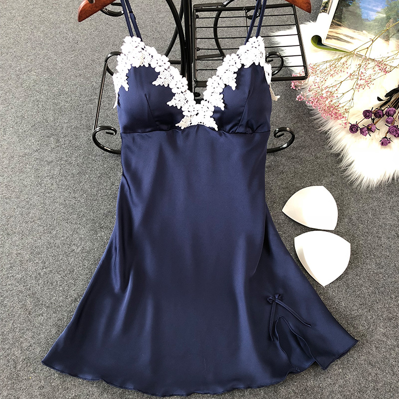 (With Chest Cushion) Sleepwear Woman Summer Sleeping Skirt Harness Emulation Silk Sleeping Dress Sexy Pyjamas Dress Home Dress Spring Summer Season