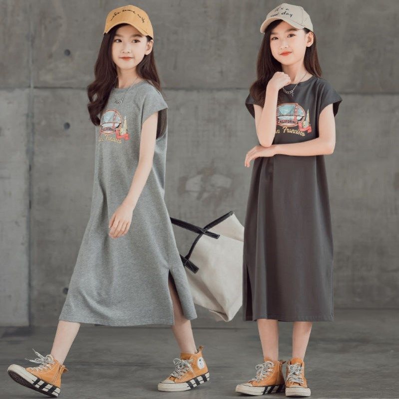Girls summer cotton dress 2022 new short-sleeved T-shirt mid-length version children's bottoming shirt girl skirt