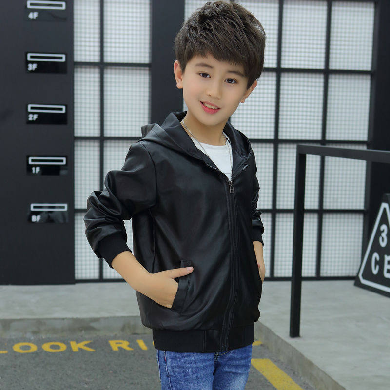 Autumn and winter Korean version boys' thin leather jacket children's hooded medium and large children's leather jacket 2021 new fleece winter clothing
