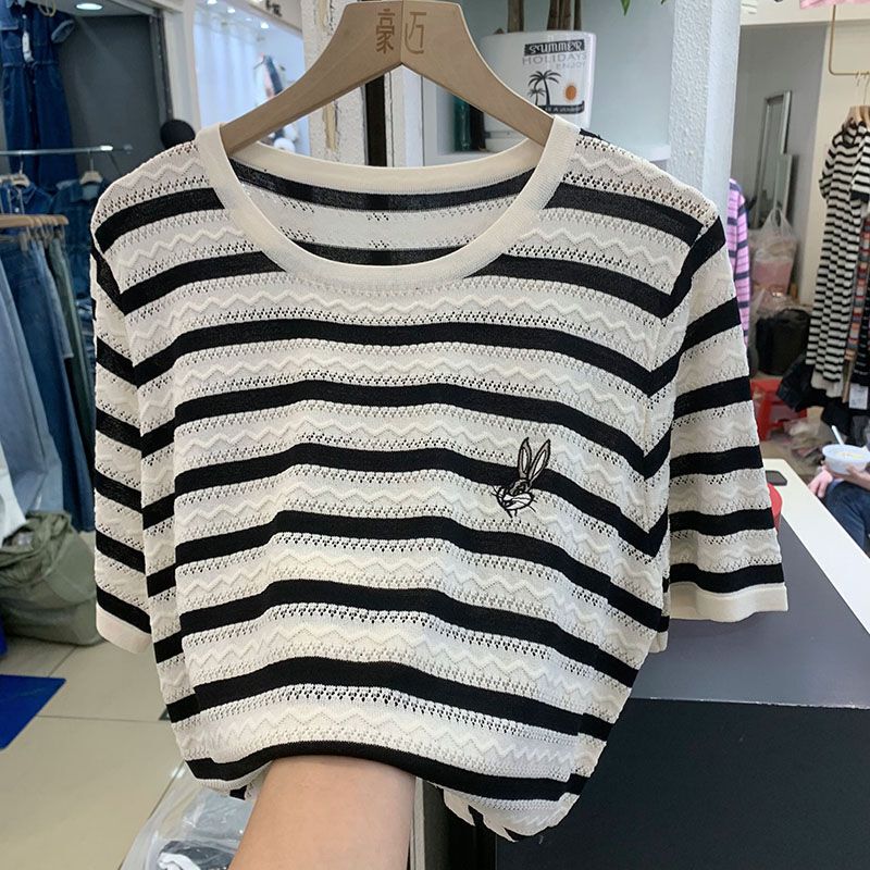 Plus-Size Belly-Covering Embroidered Hollow-Out Top with Contrasting Stripes, Thin Ice Silk T-Shirt, Women's Knitwear, New Summer Style, Trendy