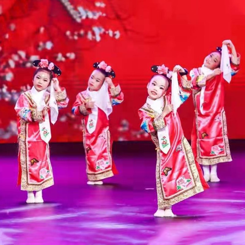 Children's 1 performance grid suit performance children's female summer children's dance costumes drive to the Manchu Qing costume ancient costume kindergarten