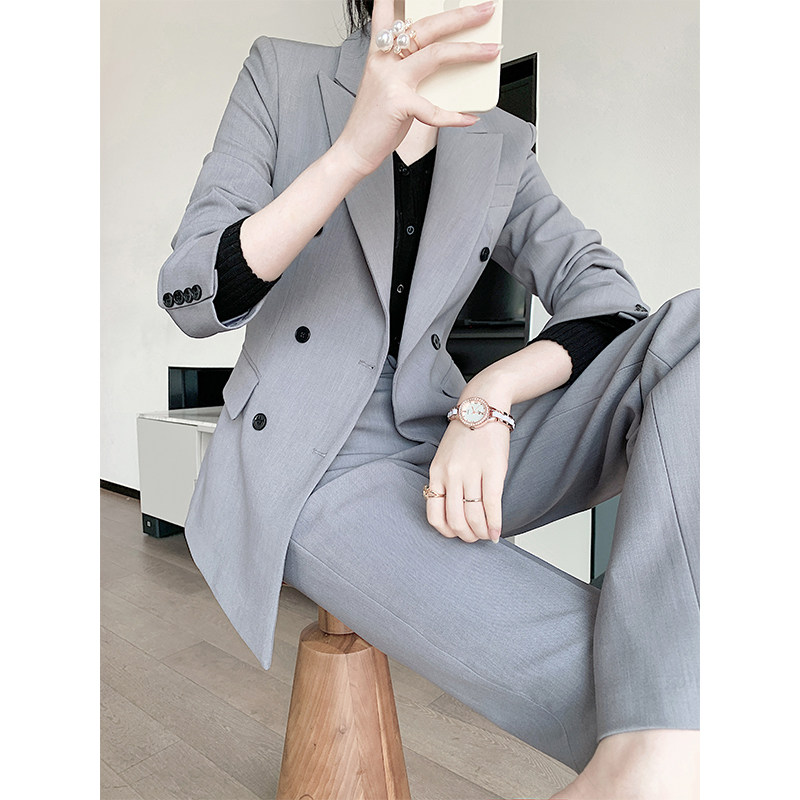 Gray suit suit women's autumn and winter wide-leg pants fashionable Western style high-end design sense fashionable temperament slim suit