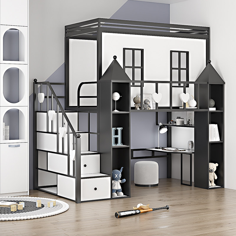 Elevated Bed Multifunction Modern Minimalist Iron Art Upper lower empty stairs Thouse Bed Nordic Duplex Provincial Space Terraces Custom-Taobao