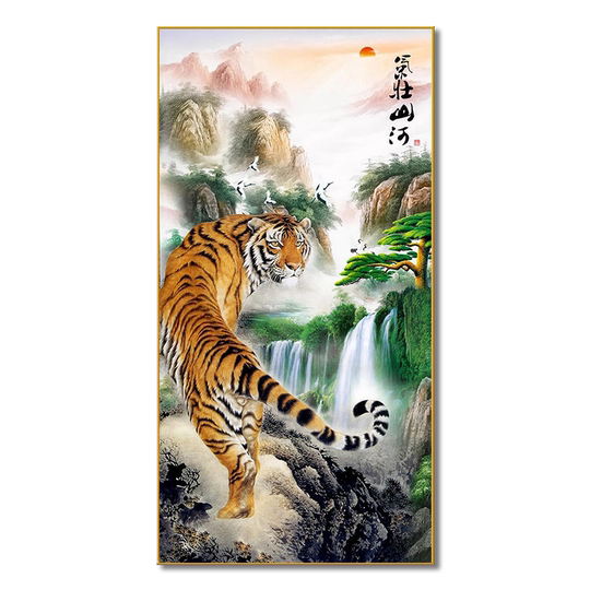 新中式老虎山水画虎年春节年画中国风客厅入户门正对墙挂画寓意好