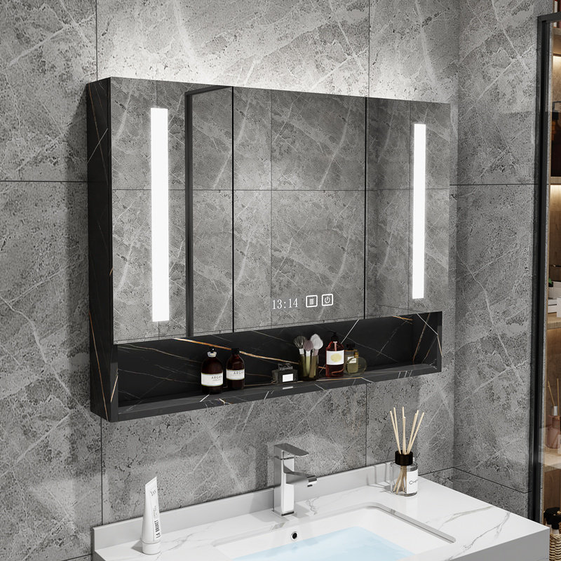 Smart solid wood bathroom mirror cabinet hanging wall type toilet mirror box toilet dressing separate mirror with lamp shelf