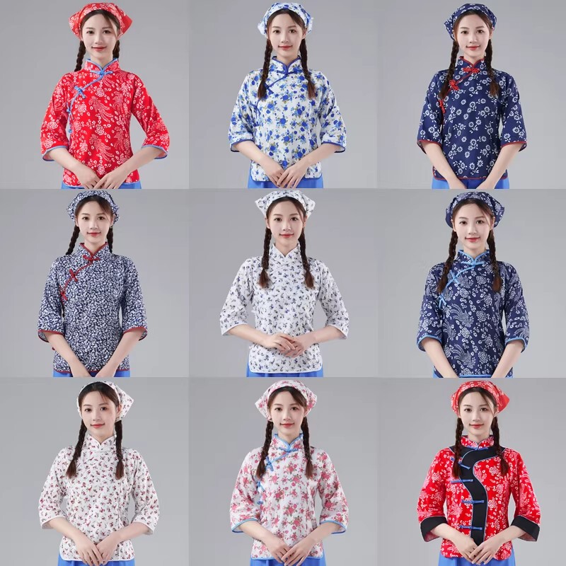 Village Girl Performance Costumes, a Qing's Performance Outfit, Rural Style, Nostalgic 70S Clothing, Tea-Picking Dancer Floral Dress, Shaanxi North