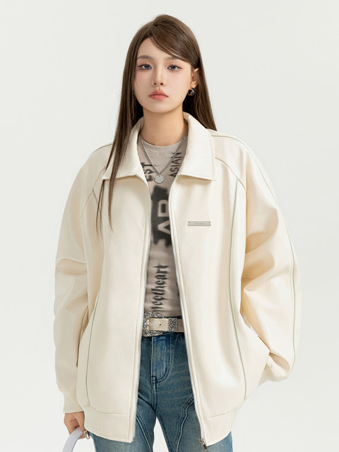 Unizzle丨Silver label lapel leather jacket PU leather casual loose jacket coat ຄົນອັບເດດ: ແຫ່ງຊາດຜູ້ຊາຍແລະແມ່ຍິງຄູ່ຜົວເມຍ