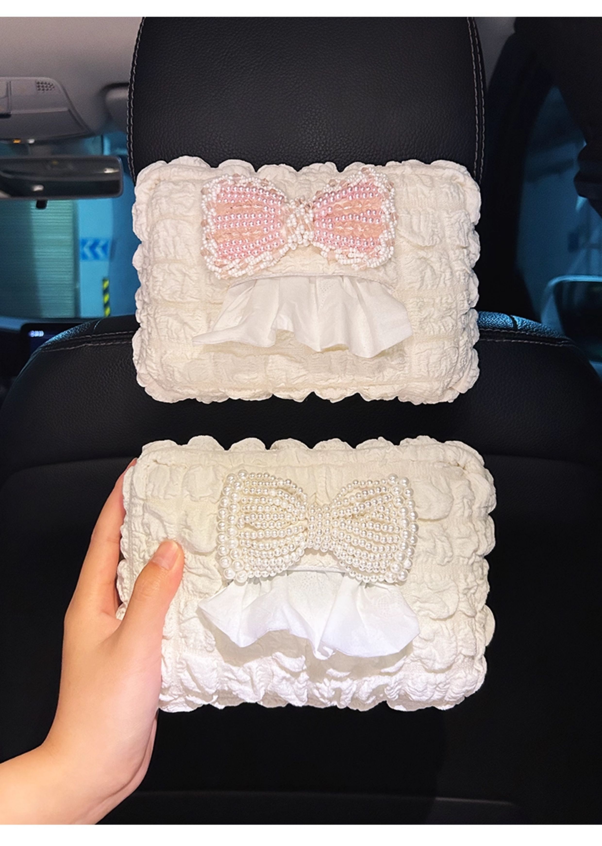 Car tissue box, creative bow-shaped tissue box for car, tissue hanging bag, armrest box, car interior decoration