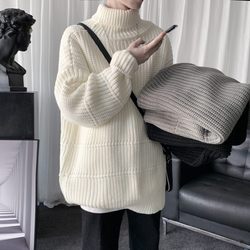 Turtleneck pullover sweater for men in autumn and winter new fashion brand solid color sweater Hong Kong style retro large size lazy style sweater