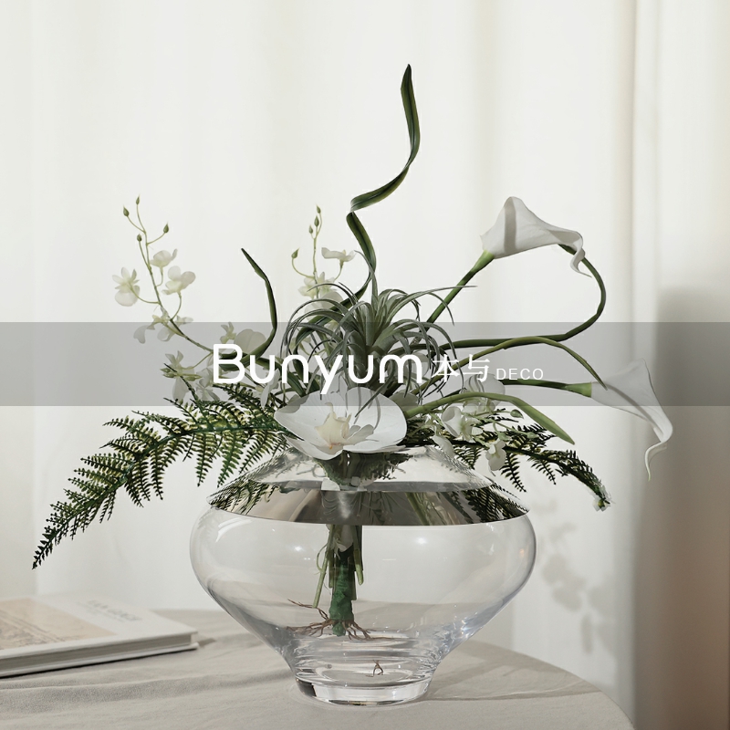 Nordic Minimalist Flower Arrangement Transparent Glass Stainless Steel Ring Vase Swing room sample room for sale with soft decorations-Taobao