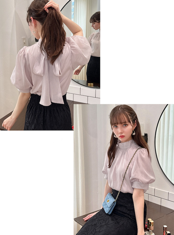 Grl Summer New Style Japanese Sweet High-Neck Lantern Sleeve Reversible Bow Tie Top Tg629