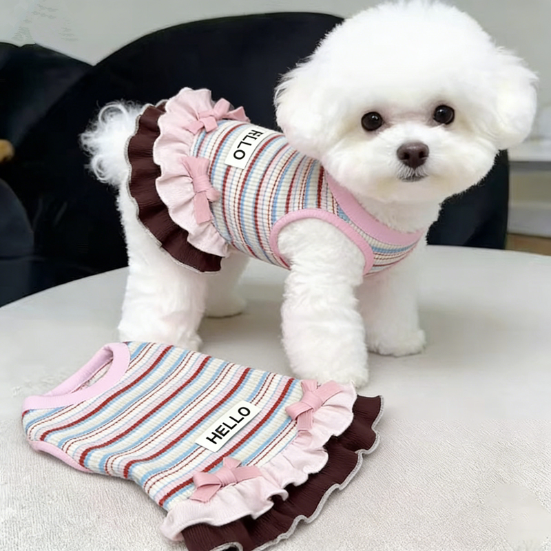 Summer Striped Pet Clothing for Dogs, Cat Clothes, Ruffled Knit Dress, Cute Teddy Bear Vest Summer Striped Pet Clothing for Dogs, Cat Clothes, Ruffled Knit Dress, Cute Teddy Bear Vest