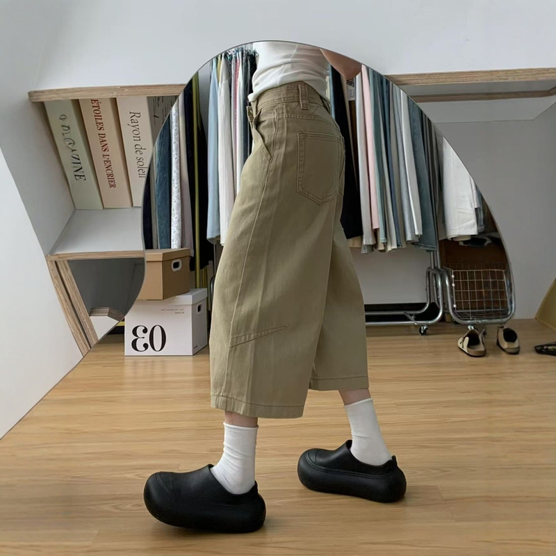Khaki Workwear-Style Denim Shorts for Women, Summer New Style, Plus Size, High-Waisted, Slimming, Loose, Wide-Leg Mid-Length Pants Khaki Workwear-Style Denim Shorts for Women, Summer New Style, Plus Size, High-Waisted, Slimming, Loose, Wide-Leg Mid-Length Pants