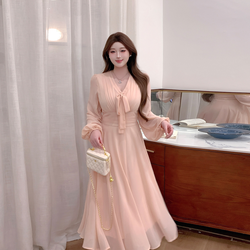 Petite Qiao Plus-Size Women's Clothing French V-Neck Long-Sleeve Slim-Fit Dress for Chubby Women, Sweet Pink Elegant Long Dress