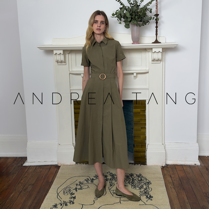 Andrea Tang｜Dress Imani｜Olive Green Pure Cotton Short-Sleeved Waist-Cinching Shirt Dress Mid-Length Summer Dress