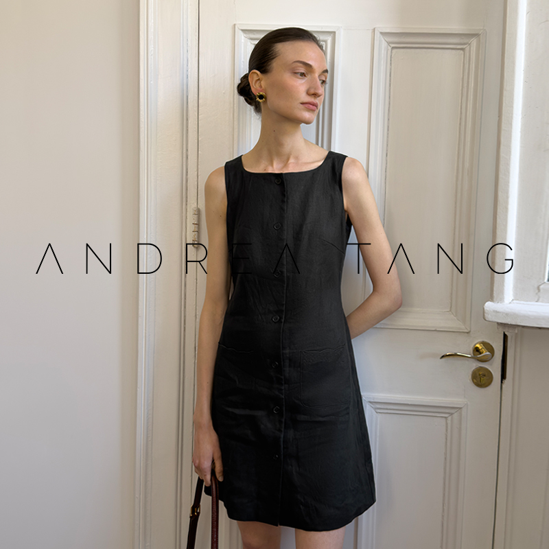 Andrea Tang｜Dress Marisa｜French-Style Pocket Embroidered Sleeveless Linen Short Dress Little Black Dress Summer