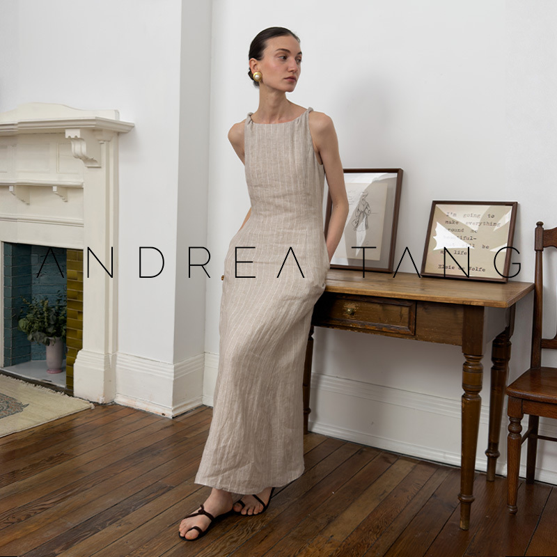 Andrea Tang｜Dress Marlow｜Shoulder Knot Vintage Style Pure Linen Striped Sleeveless Long Dress