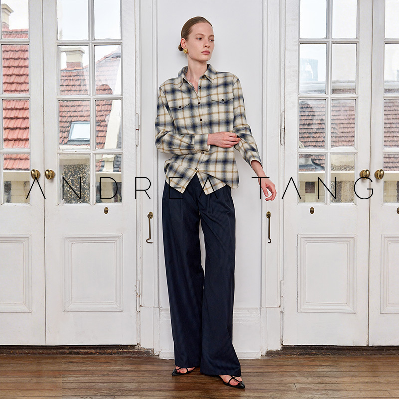 Andrea Tang｜Shirt Bramble｜Imported Vintage-Style Pure Cotton Plaid Waist-Cinching Long-Sleeve Shirt for Women