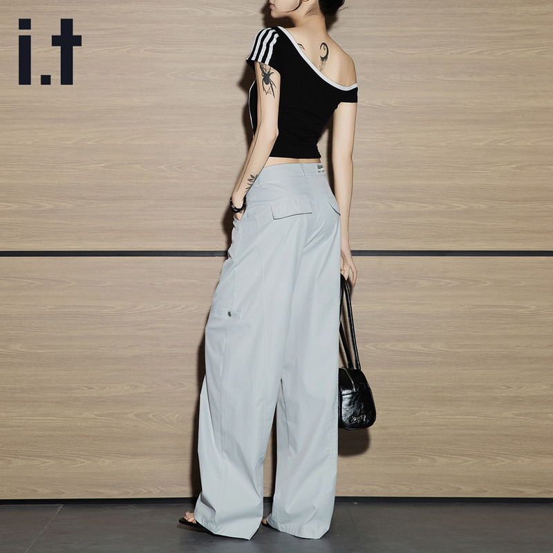 It Izzue Gray Cargo Pants for Women, 2025 Summer New Style, Loose Fit, Slimming, Quick-Drying, Wide-Leg Casual Pants