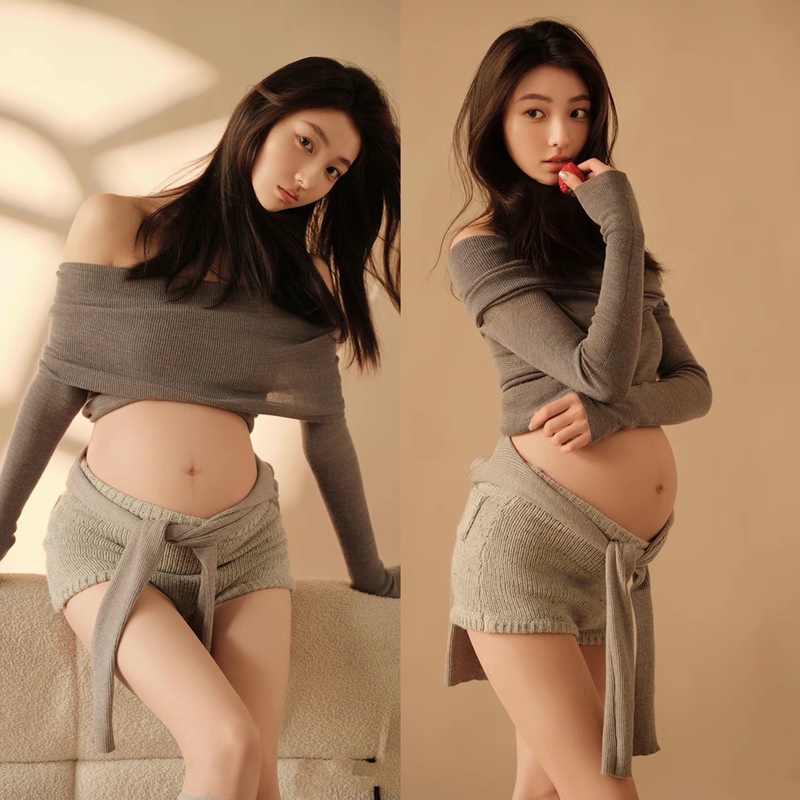 New Maternity Photography Outfit, Fresh and Sexy, Slim-Fit Knitted Maternity Clothes for Beautiful Belly Photos at Home