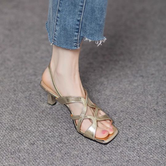 New high heels with hollow square toe sandals