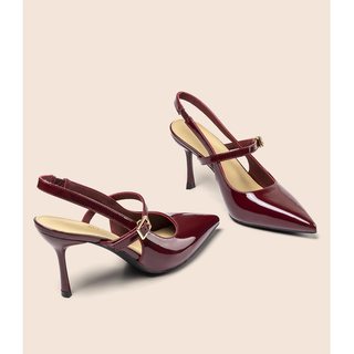 法式性感酒红色高跟凉鞋女细跟2025新款尖头气质名媛一字带扣单鞋