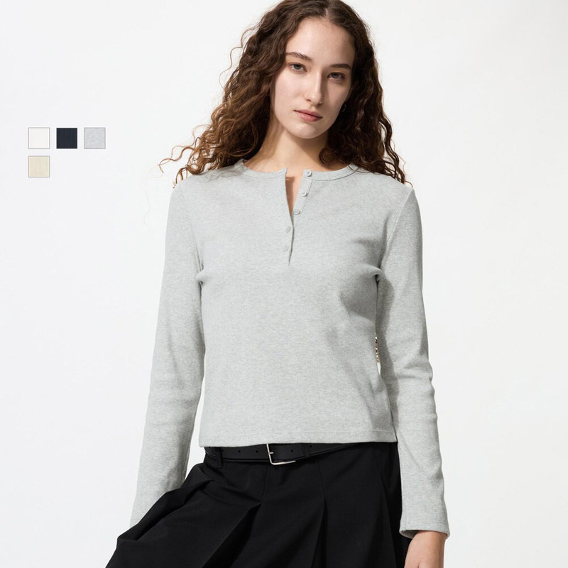 Fitting Room Women's Ribbed Henley Neck T-Shirt/Long-Sleeved Slim-Fit Short Top for Layering 479591 487908 Fitting Room Women's Ribbed Henley Neck T-Shirt/Long-Sleeved Slim-Fit Short Top for Layering 479591 487908