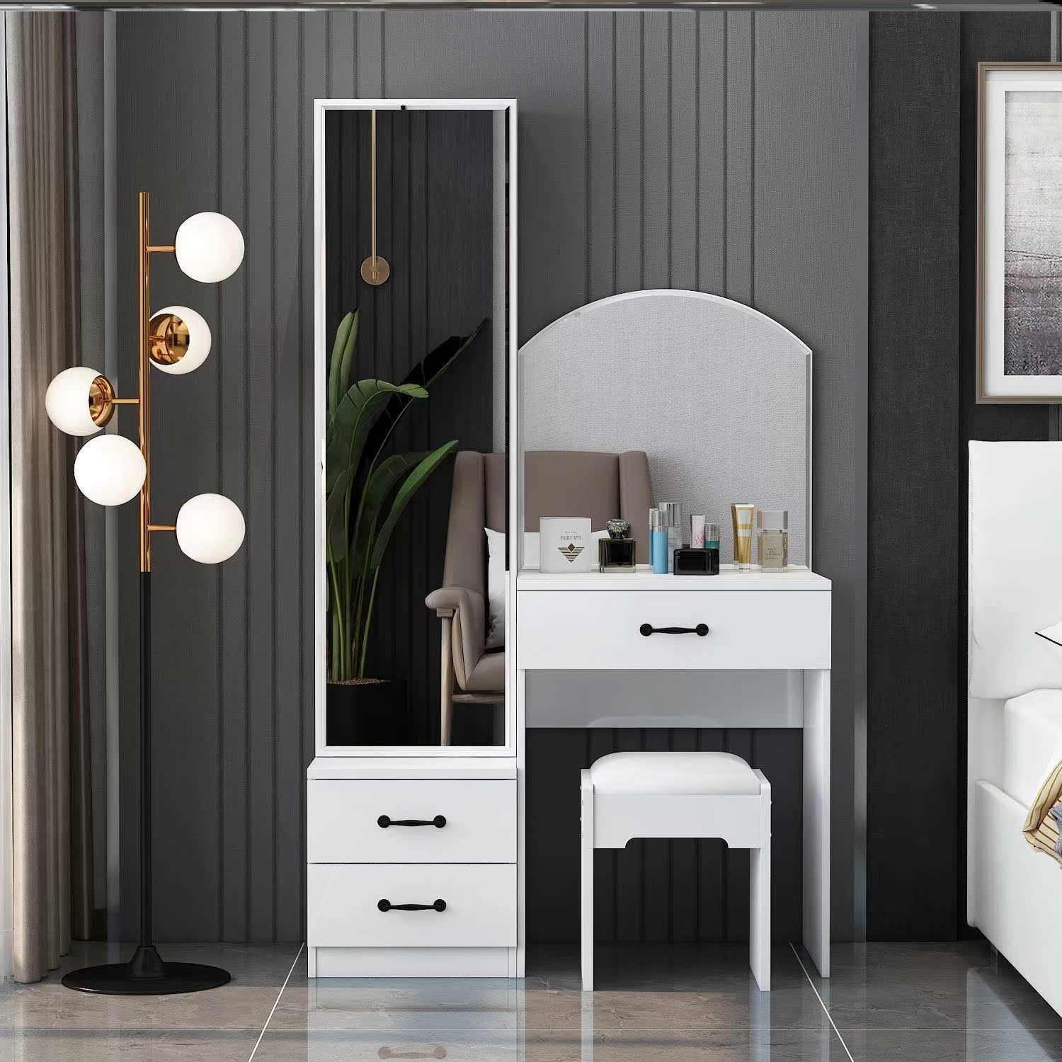 Nordic light lavish make-up bench full body mirror with full-body mirror bedroom with small family style make-up table modern minima