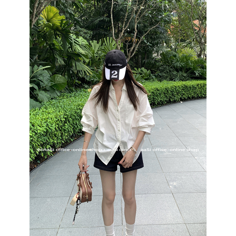 [in Stock] 44Aasi Original Stylish White Shirt Summer Turn-Down Collar Puff Sleeve Waist-Cinching Blouse