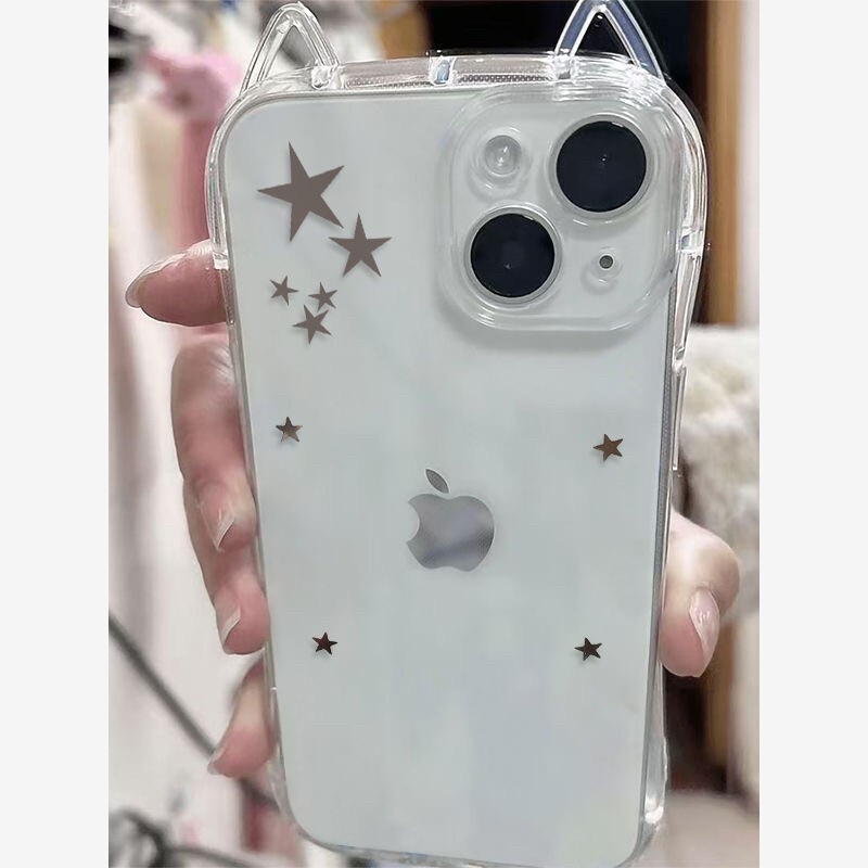 Fire Phoenix Shiny Little Star Cat Ear Case for Apple 16 Pro Max iPhone 15 Soft Case 14 Full Cover Precision Hole 13 Pro Dirt-Resistant 12 Unique 11 Couple Cute XS Phone Case