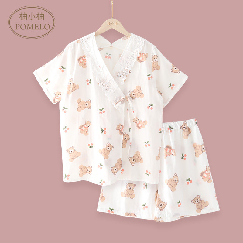 Summer thin cotton gauze cute Japanese milk buddy bear short sleeve shorts and dress nightclothes home suit woman