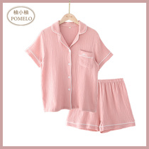 Summer thin loose all-cotton pure cotton cotton cloth pure color minimalist short sleeve shorts lovers Bubble Cotton Pyjamas for men and women