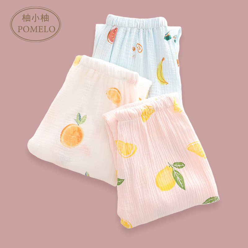 Ins spring and summer thin bubble cotton gauze fruit printing loose Japanese cotton home trousers air-conditioning pajamas women