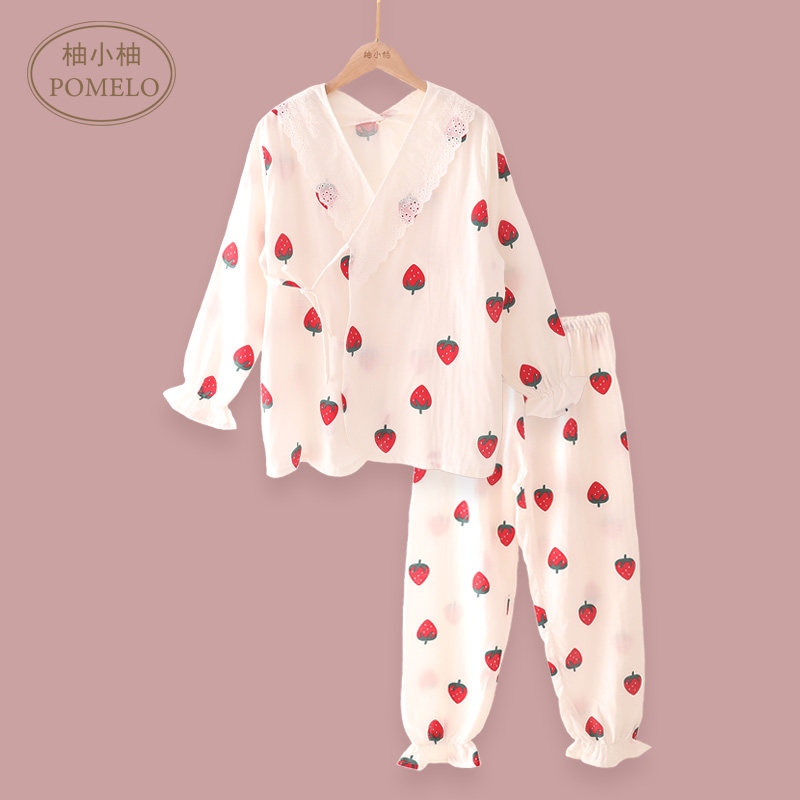 Pomelo pomelo spring and summer new thin strawberry print cotton long-sleeved cotton gauze kimono home service pajamas set for women