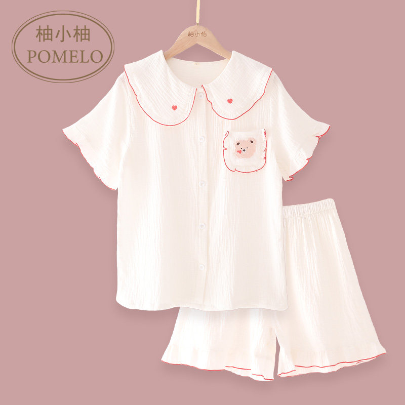 Summer new cotton gauze round neck embroidery bear love sweet short-sleeved shorts cotton home service pajamas set for women