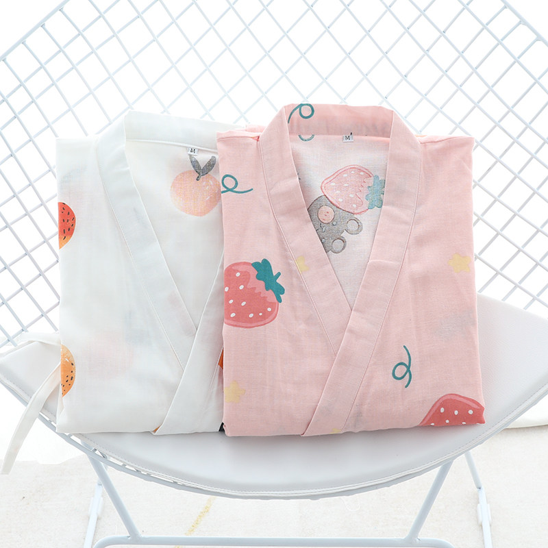 ins Japanese spring and summer thin cotton gauze cotton fruit pajamas home service kimono dressing gown nightgown bathrobe women