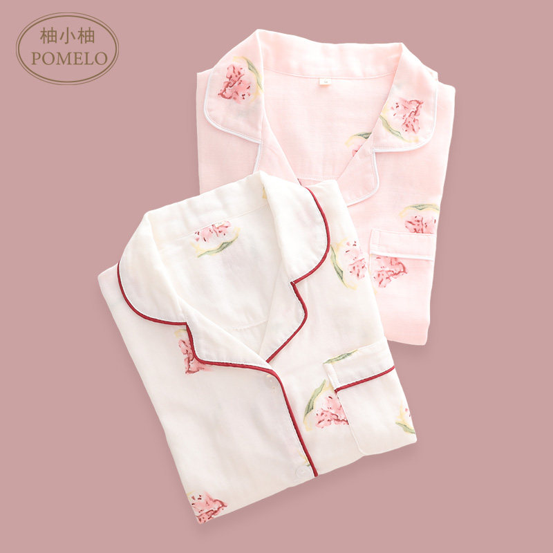 Spring and summer thin section simple fruit Japanese printing cotton long-sleeved pajamas pajamas cotton gauze home service set women