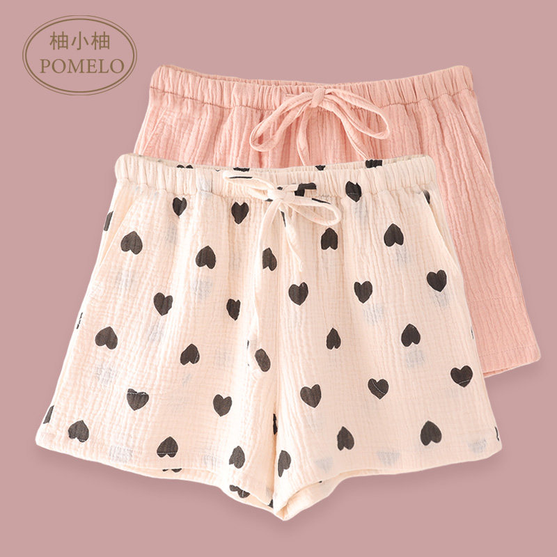 ins summer thin section wrinkled cloth cotton gauze home pants shorts love solid color loose high waist cotton pajama pants women