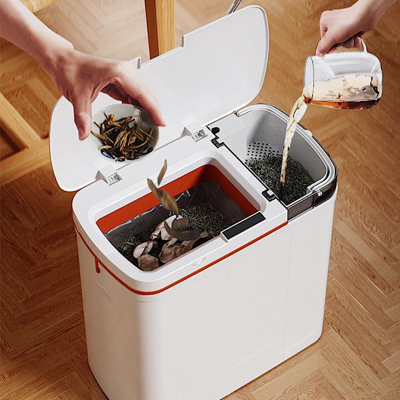 Smart Trash Can with Sensor, Fully Automatic Tea Waste Bin, Large Capacity, Dry and Wet Separation, Waste Water Bin, Tea Residue Bin, Two-In-One