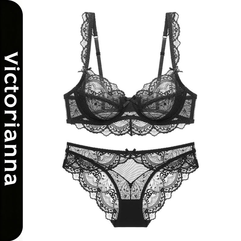 Lace Sexy Lingerie Women's Underwear Set Ultra-Thin Seamless Bra for Large Busts, French Style Black Breathable Bra Lace Sexy Lingerie Women's Underwear Set Ultra-Thin Seamless Bra for Large Busts, French Style Black Breathable Bra