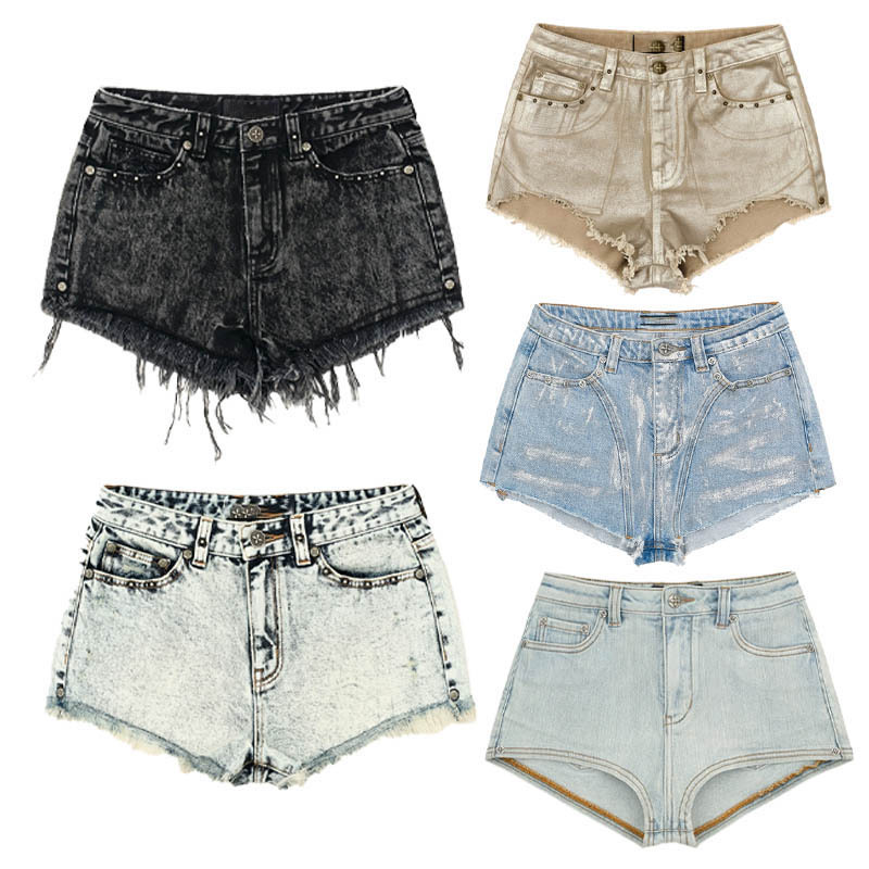 Asmk Mustang Classic Motorcycle Denim Shorts with Rivet Decoration, Mid-Waist, Washed and Distressed Hot Pants, 24 New Styles for Women, Summer