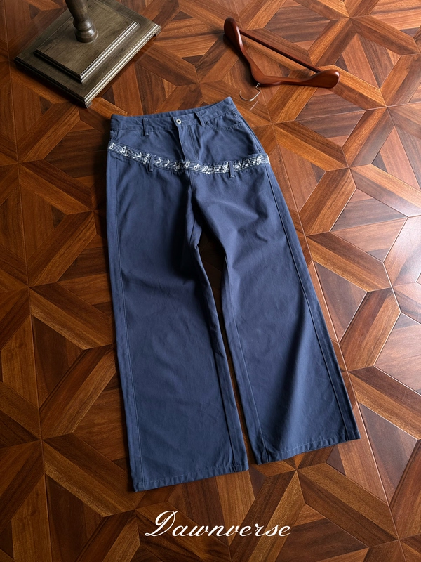 Dawnverse "Blues Nocturne" Double-Waist Moleskin Blue Washed Vintage Embroidered A-Line Wide-Leg Work Pants
