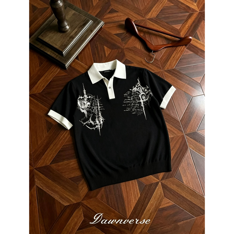 Dawnverse "Church Hymn" Cursive Tencel Knit Color-Block Polo Faux Two-Piece Short-Sleeve T-Shirt Elegant Old Money Style