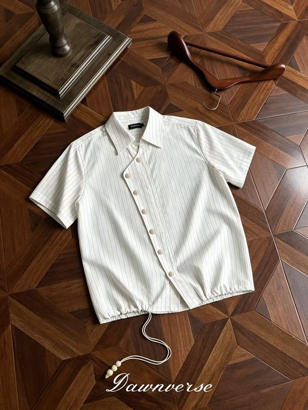 Dawnverse White Striped Diagonal Placket Short-Sleeve Shirt with Burnt Buttons, Beaded Drawstring, Elegant Old Money Style