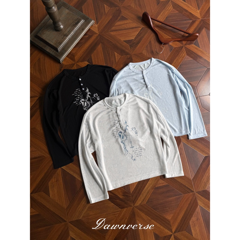 Dawnverse "Folding Wings Angel" Lyocell Tencel Sun Protection Cover-Up Henley Collar Printed Long-Sleeve T-Shirt Breathable