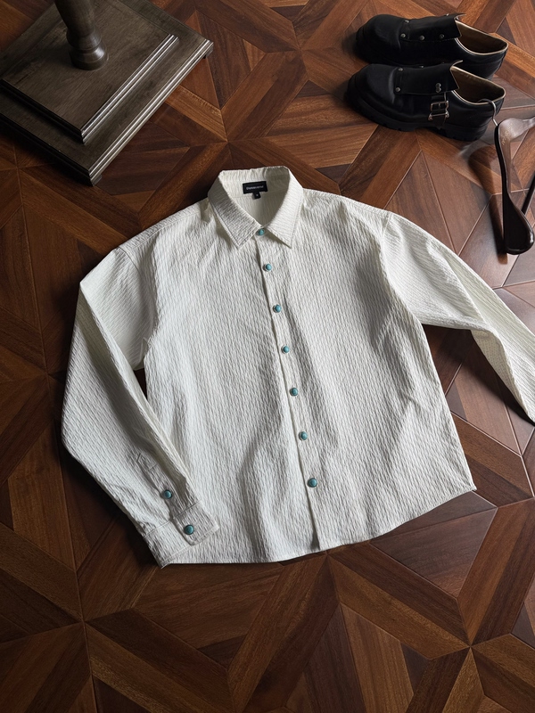 Dawnverse "Original Authentic Product" Long Sleeve Shirt Turquoise Textured Wrinkled Shirt Old Money Cleanfit