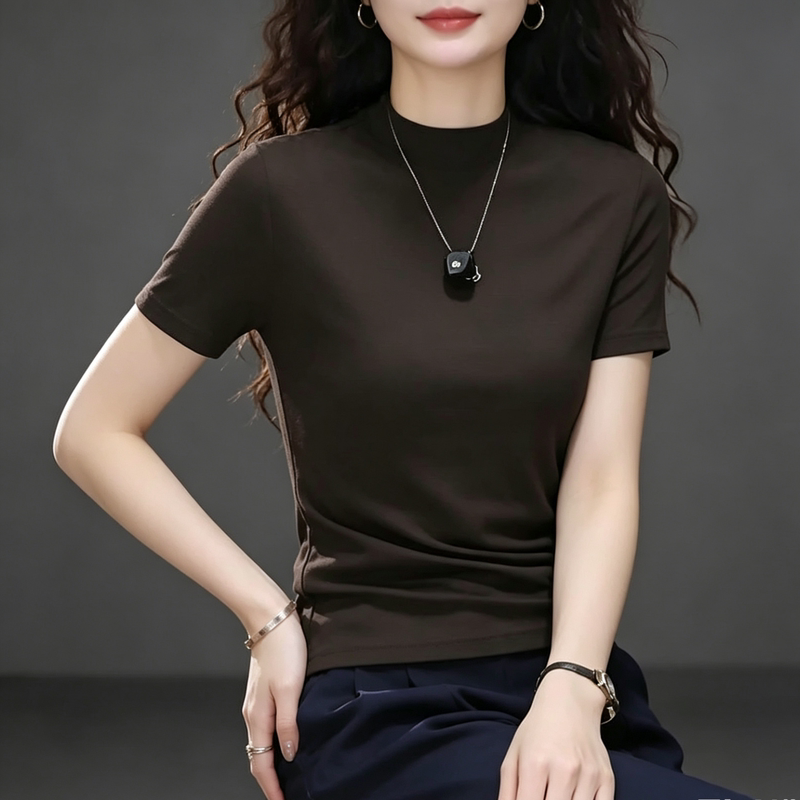 Short-Sleeved T-Shirt for Women, Summer, Regular Shoulder, Korean Style, Stand-Up Collar, Plus Size, Slim Fit, Elegant, Mom's Lyocell Tencel Top Short-Sleeved T-Shirt for Women, Summer, Regular Shoulder, Korean Style, Stand-Up Collar, Plus Size, Slim Fit, Elegant, Mom's Lyocell Tencel Top