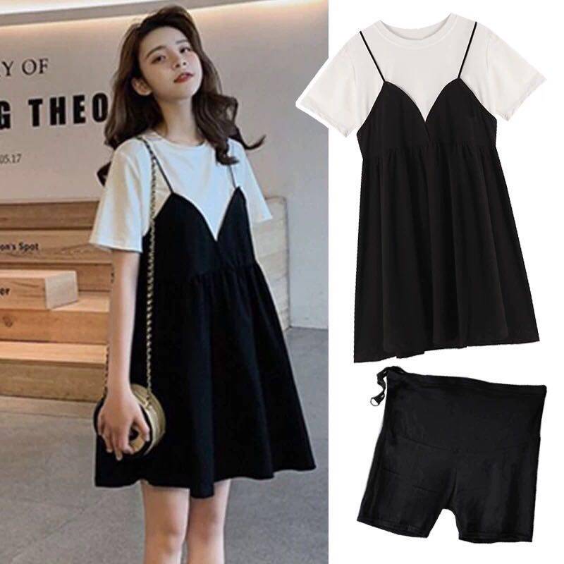 Pure Cotton Gestational Woman Dress Summer Foreign Dress New Korean Version Fat MM Medium Long Version Harnesses Fake Two Pregnant Dress Blouses